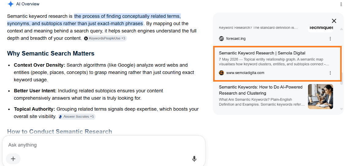 Screenshot showing Semola Digital cited in Google AI Overviews search results