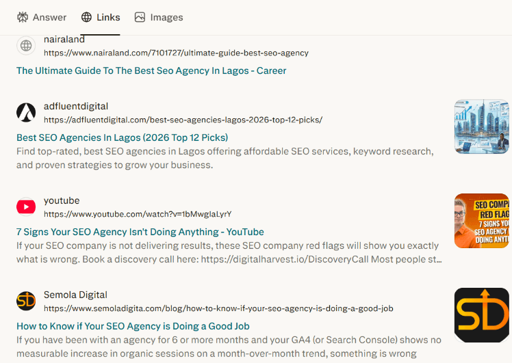 Screenshot showing Semola Digital cited in Perplexity AI search results