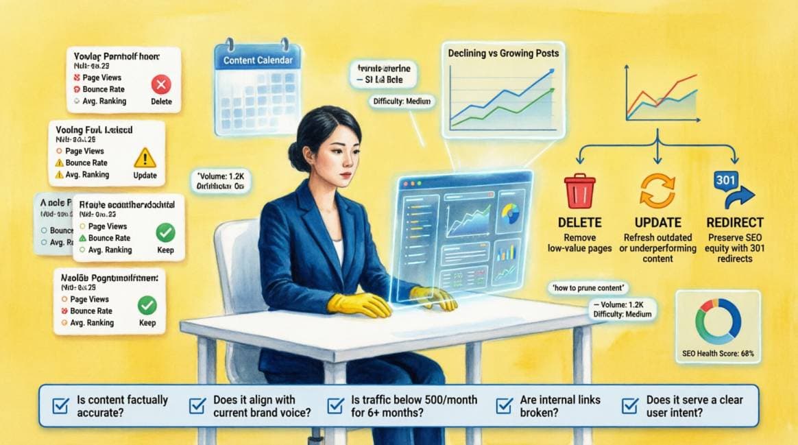 content pruning strategy delete update redirect blog posts