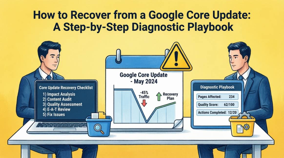 Feature image illustrating how to recover from Google core update traffic drop