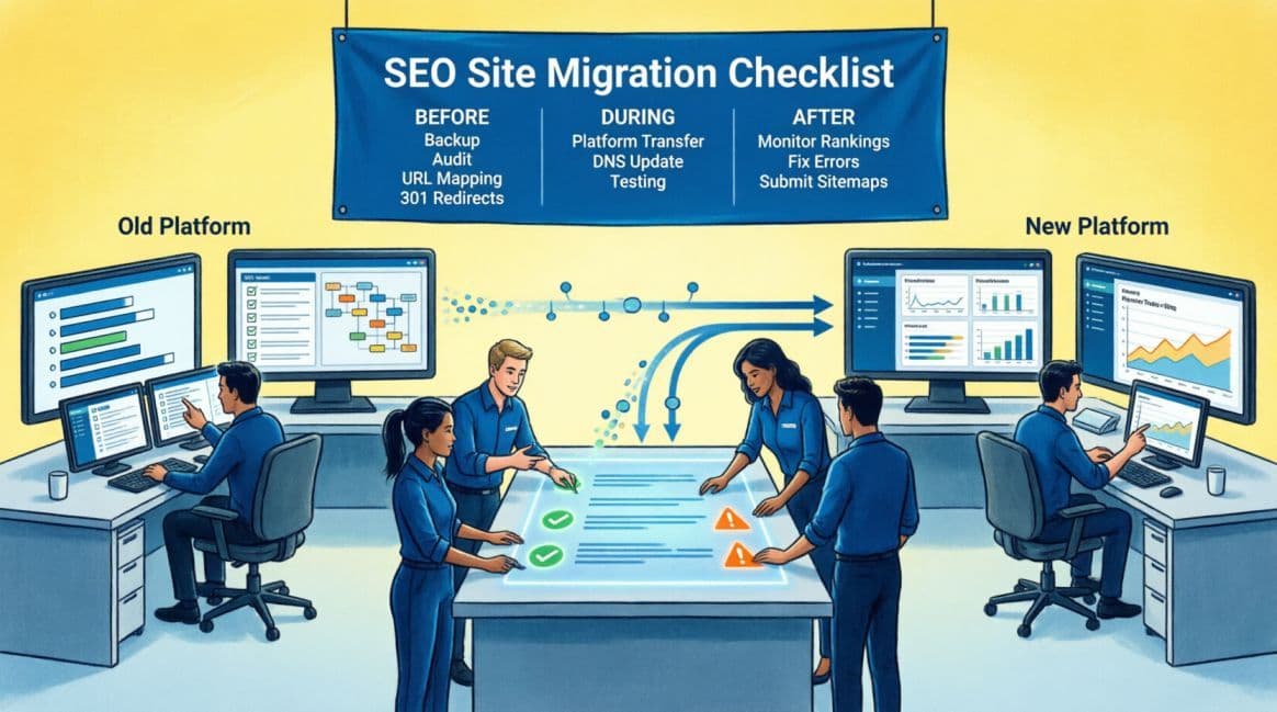 Feature image on SEO site migration checklist before and after