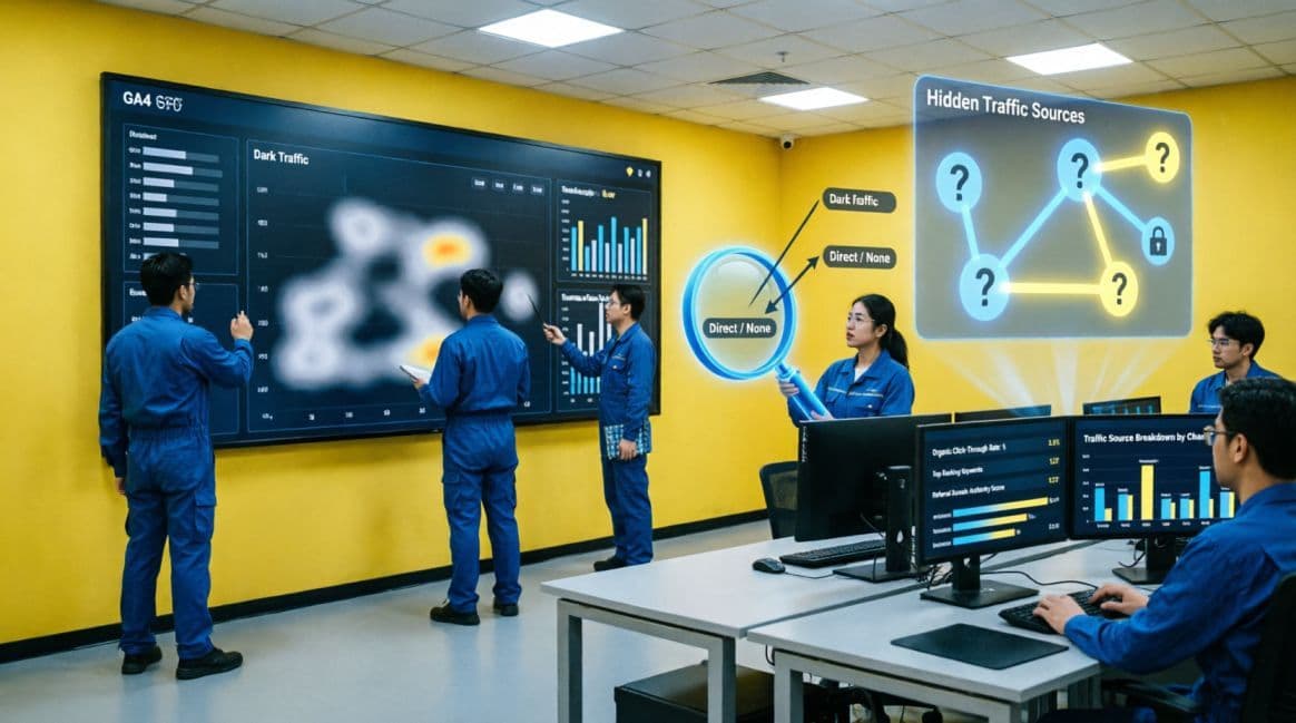 An analytic board room with analysts identifying various dark traffic source